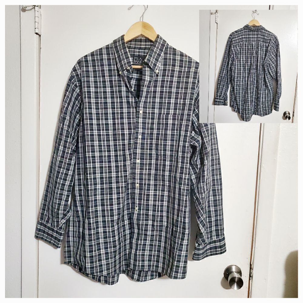 Jos A. Bank Blue/White/Gray Plaid Button Down Shirt Size Large